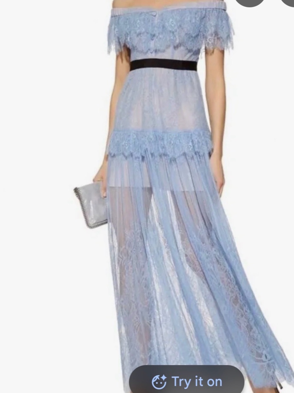 Ina Off-Shoulder Lace Maxi Dress in Light Blue with Black Waistband